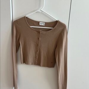 Sunday Best Tan Long Sleeve Button-Up Crop Top